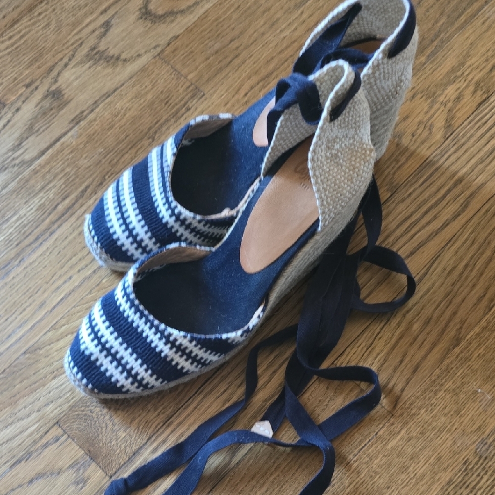 Castaner Blue and Cream Espadrilles with Ankle Ties